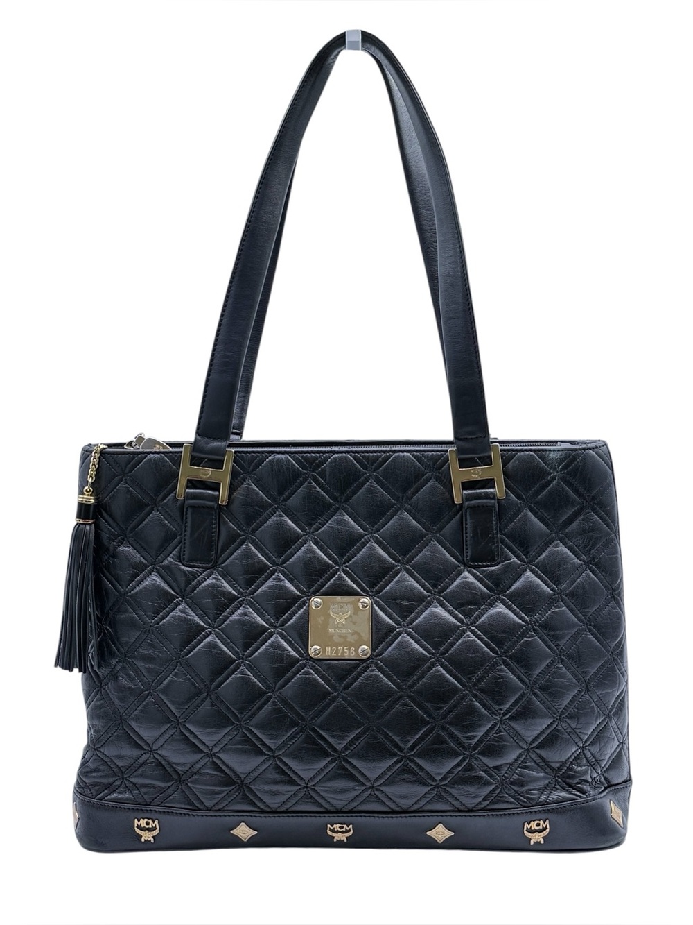 MCM BLACK QUILTED LEATHER GOLD-EMBELLISHED TOTE BAG Vintage